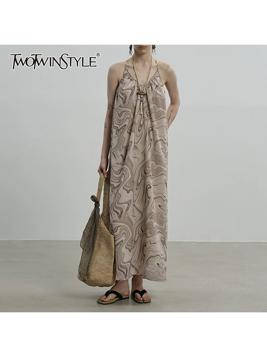 

TWOTWINSTYLE Hit Color Loose Dresses For Women Square Neck Sleeveless High Waist Temperament Long Dress Female Fashion Style New