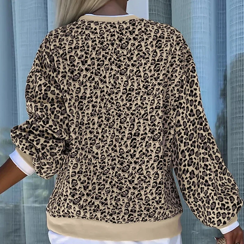 Sudadera de manga larga con cuello redondo y estampado de leopardo para mujer, jersey de empalme de Color elegante, Tops holgados informales, 2024