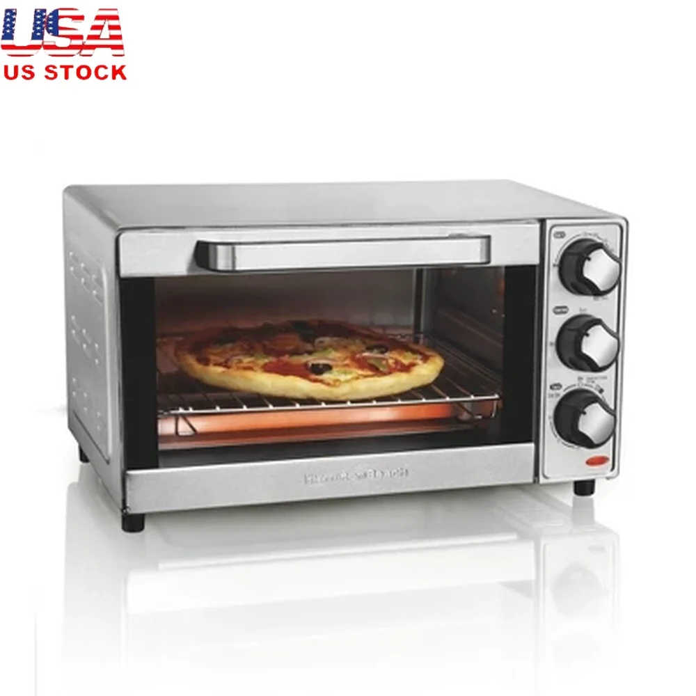 Horno tostador de 4 rebanadas de acero inoxidable, máquina para hacer Pizza de 1100W, temporizador de termostato ajustable, controles fáciles, bandeja para migas de tostadas y asar