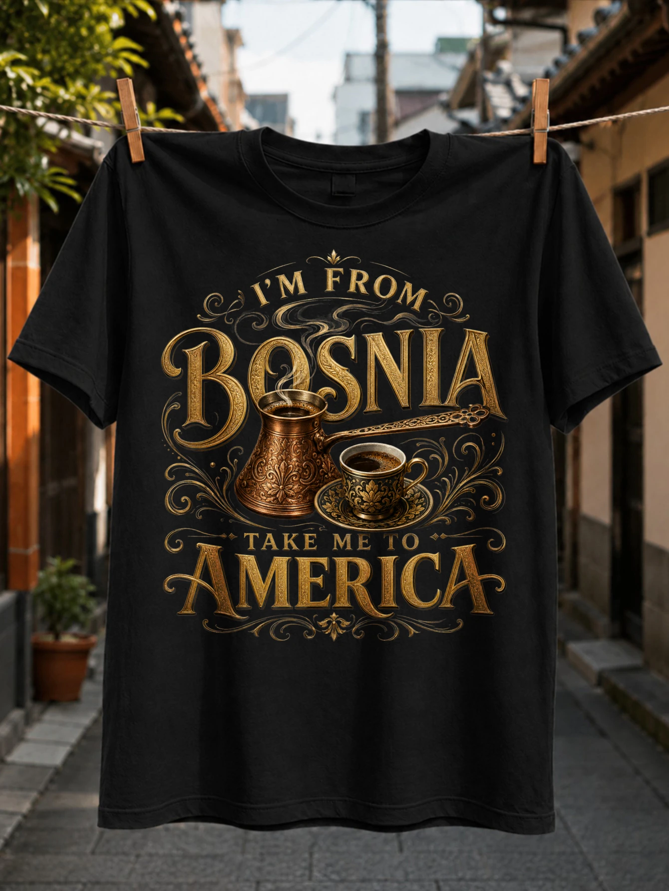 Bosnia America Tee with ornate gold text coffee cup and copper pot decorative scrollwork migration  Unisex All T-Shirt