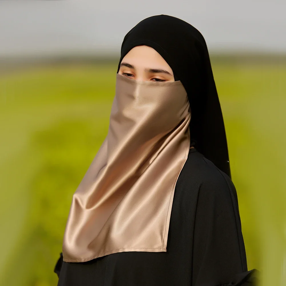 Nowa moda Ramadan satynowy nikab muzułmańska osłona twarzy natychmiastowy hidżab islamski szalik wiązanie z tyłu nakrycie głowy kobiety Headwrap czarny welon