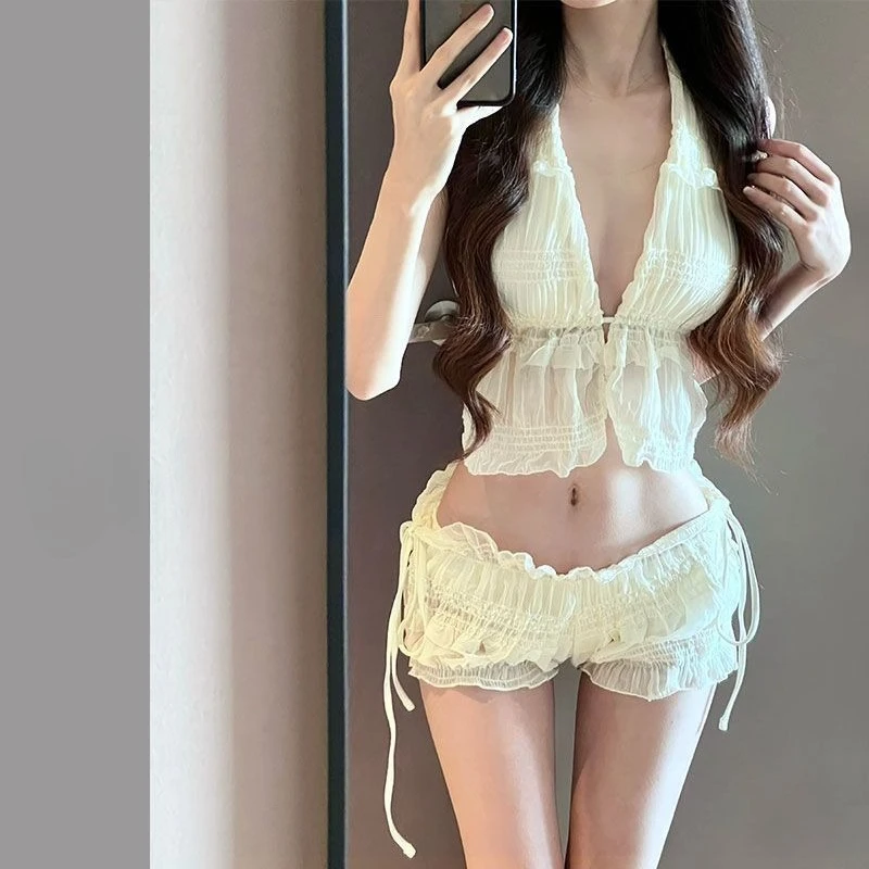 

Y2k Swimwear Suits 2000s Beach Party Style Elegant 3 Piece Bikini Sets Korean Fashion Sweet Pure Color Sexy Bikini Swimsuit Chic