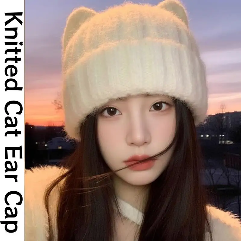 

Cat Ear Knitted Beanies Warm Knitted Cap With Windproof Thickened Design Cute Autumn Winter Sweet Versatile Pullover Hats