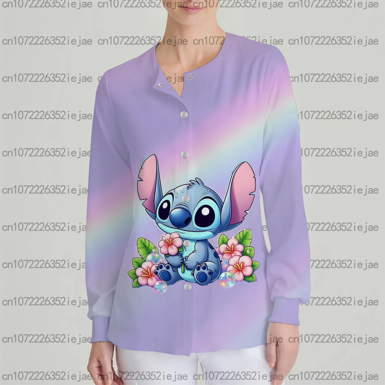 Nuova manica lunga con stampa dolce Top Disney Stitch girocollo Comodo cardigan tascabile da donna Giacca da lavoro versatile per pendolari