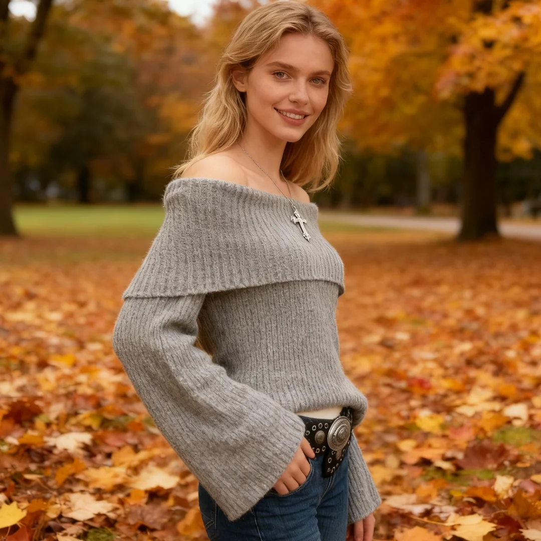 เสื้อถักแขนยาวไหล่เดียวสำหรับผู้หญิง ฤดูใบไม้ผลิ ฤดูใบไม้ร่วง แฟชั่นลำลอง นุ่ม สบาย ใส่ได้ทุกวัน