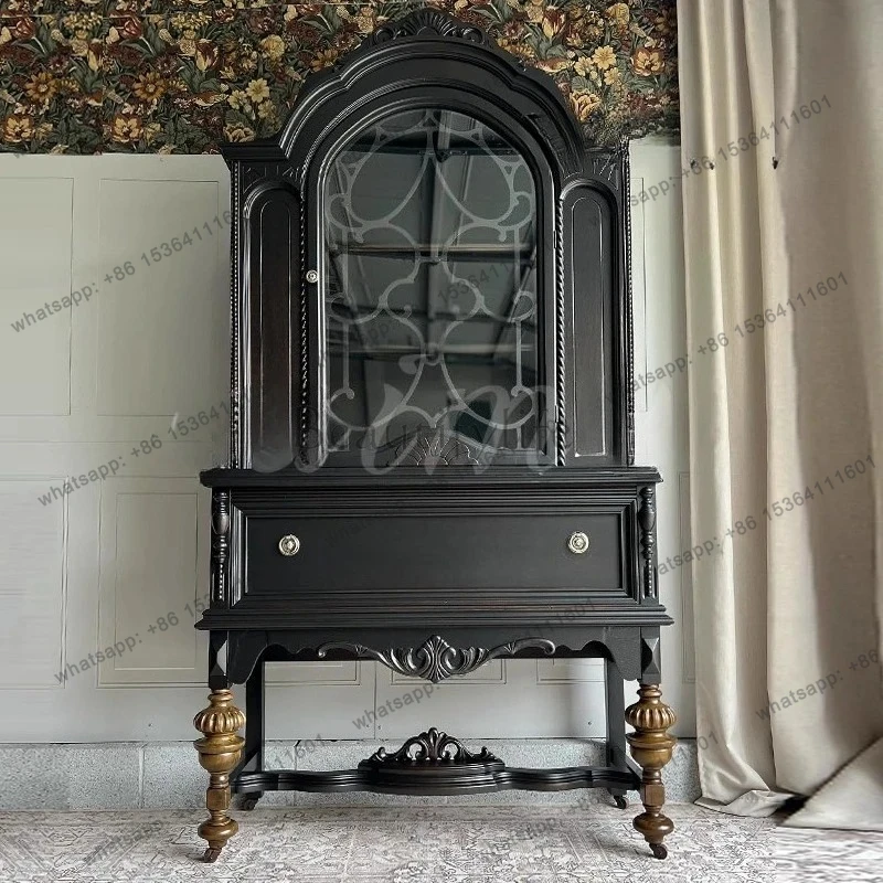 

French country solid wood chest small apartment living room display American retro dining room black storage wine cabinet