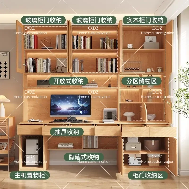 FAS Solid Wood Desk Bookcase Integrated Study Table Writing Desk Bedroom Home Wall Mounted Oak Computer Table with Bookshelf