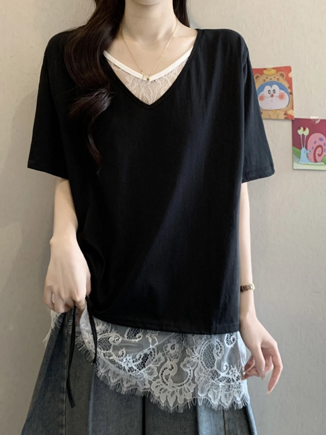 Lace Splice V-Neck Short Sleeve T-Shirt Women's Base Shirt Summer plus Size Cover Butt Mid-Length Casual Commute Style