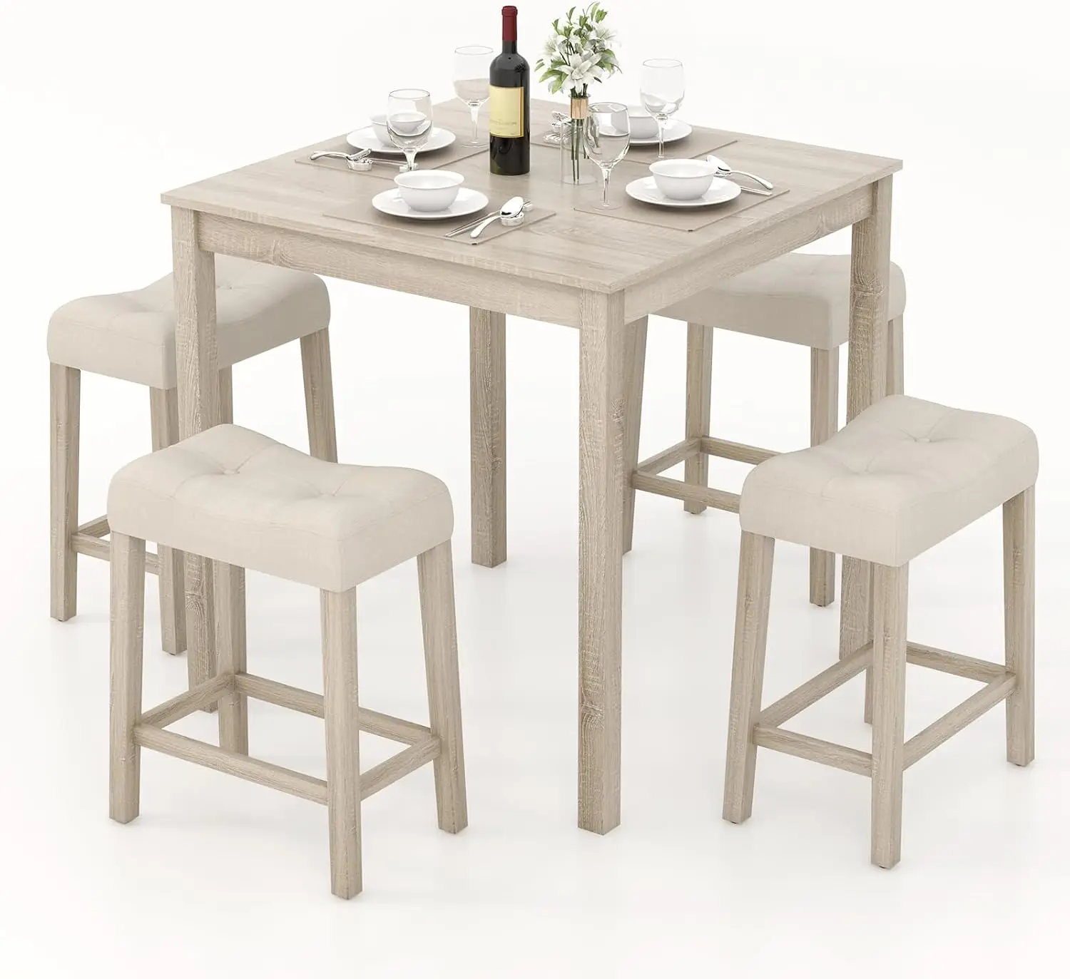 Costway 5-Piece Bar Table Set, Square Breakfast Set For 4 W/Padded Stools, Small Kitchen Table Set W/Rubber Wood Legs,