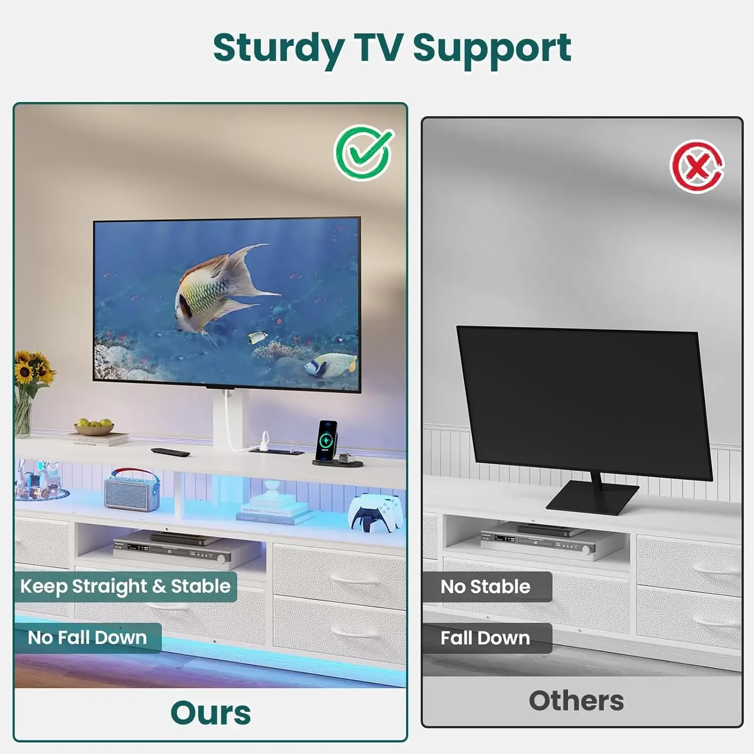 حامل تلفزيون مع حامل لأجهزة التلفاز مقاس 45/55/65/70 بوصة، حامل تلفزيون LED مقاس 51.2 بوصة مع منافذ طاقة وتخزين، مركز ترفيهي مع مساحة تخزين #6