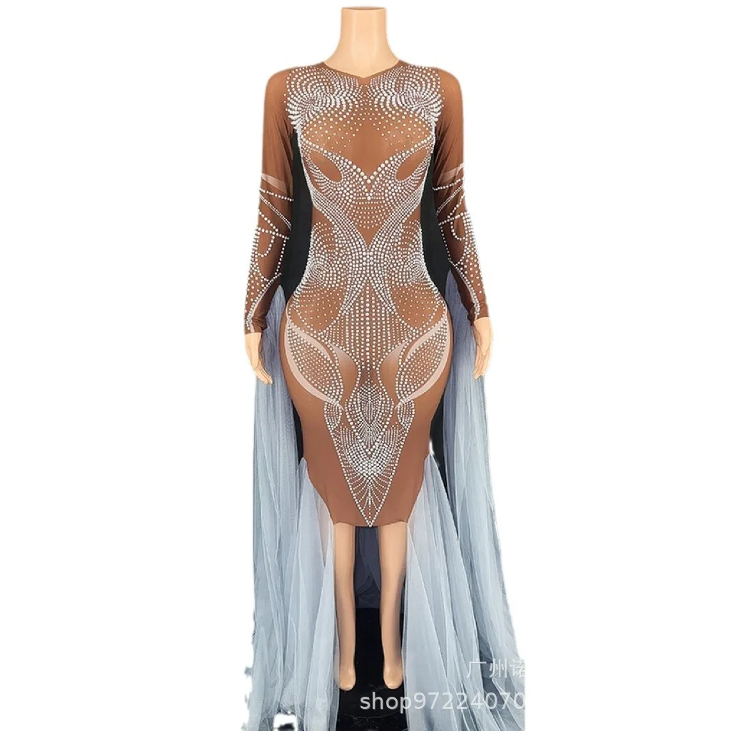 Light Brown Elegant Temperament Mesh Trailing Light Luxury Dress Company Annual Meeting Dinner Host Dress Evening Dresses Luxury