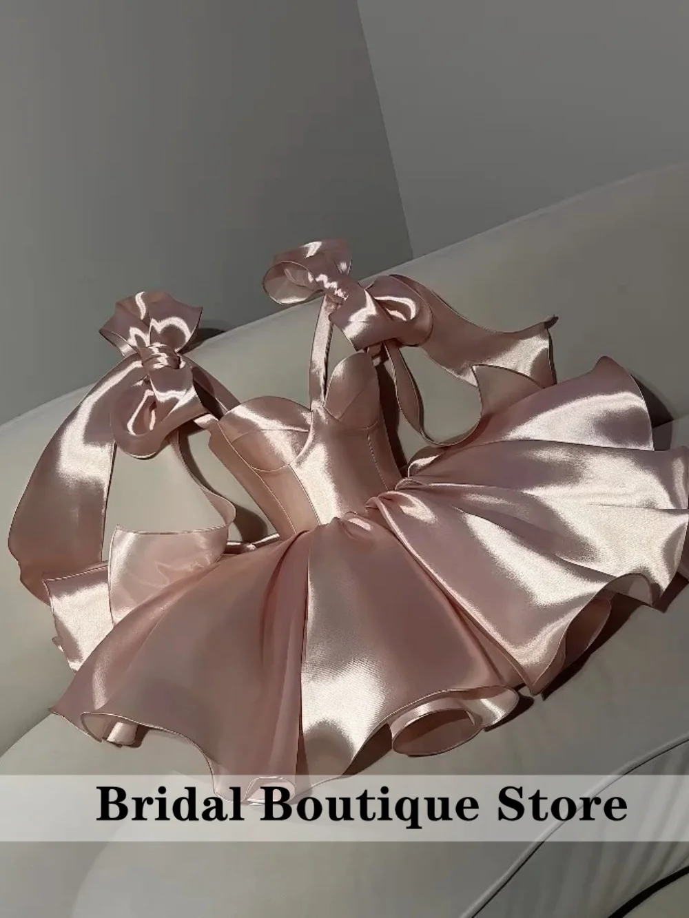 Pink Gorgeous Mini Shiny Homecoming Party Dresses Straps With Bows A-Line Short Prom Dresses Formal Occasion  Customized