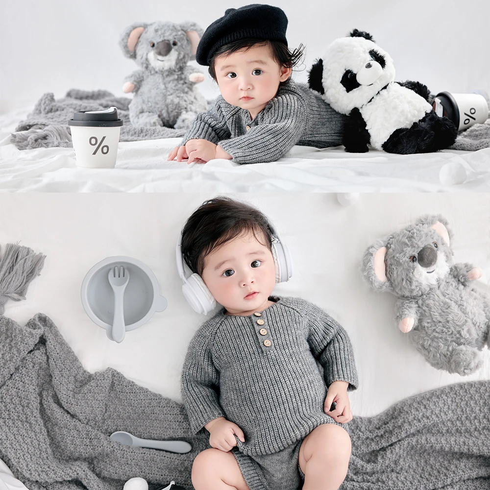 

100-дневный реквизит для детской фотографии, осенний вязаный комбинезон для младенцев + комплект берета, плюшевые куклы с животными, креативный реквизит для фотостудии