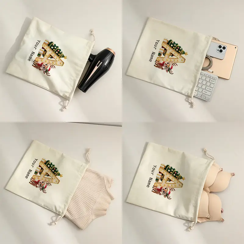 A-Z Initials Drawstring Storage Bag Custom Name Cute Christmas Reindeer Xmas Tree Golden Holiday Candy Gift Sack Xmas Present