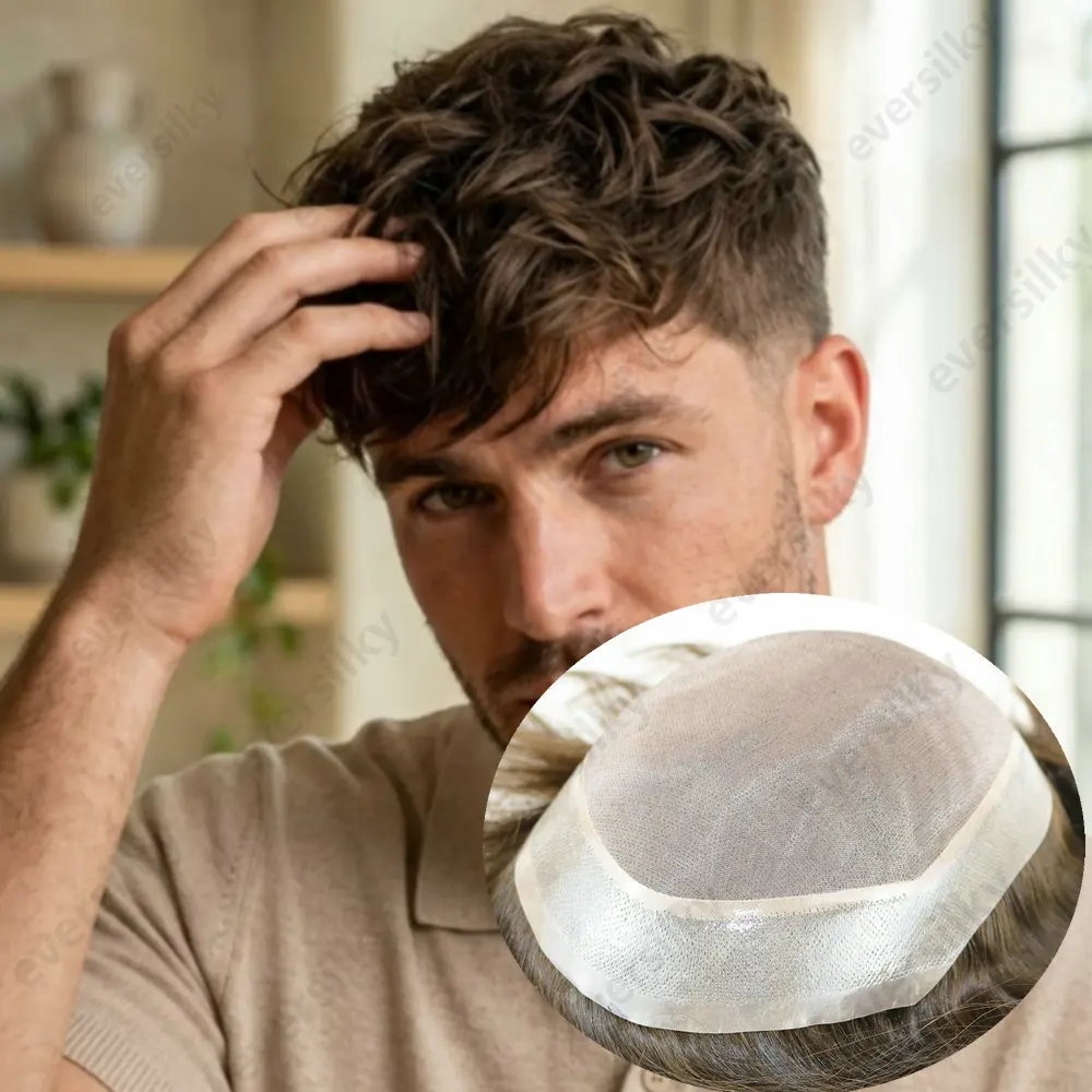 Natürliches Echthaar-Toupet, super langlebig, feines Mono-PU, männliche Haarprothese, unsichtbares Haarersatzsystem für Männer, Herrenperücken – Detail 1