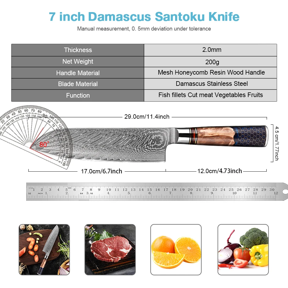 Pro Kitchen Knife 7 Inch Damascus steel Japanese Santoku Knife Honeycomb Blue Resin Handle Sharp Filleting Knife Carving Knife