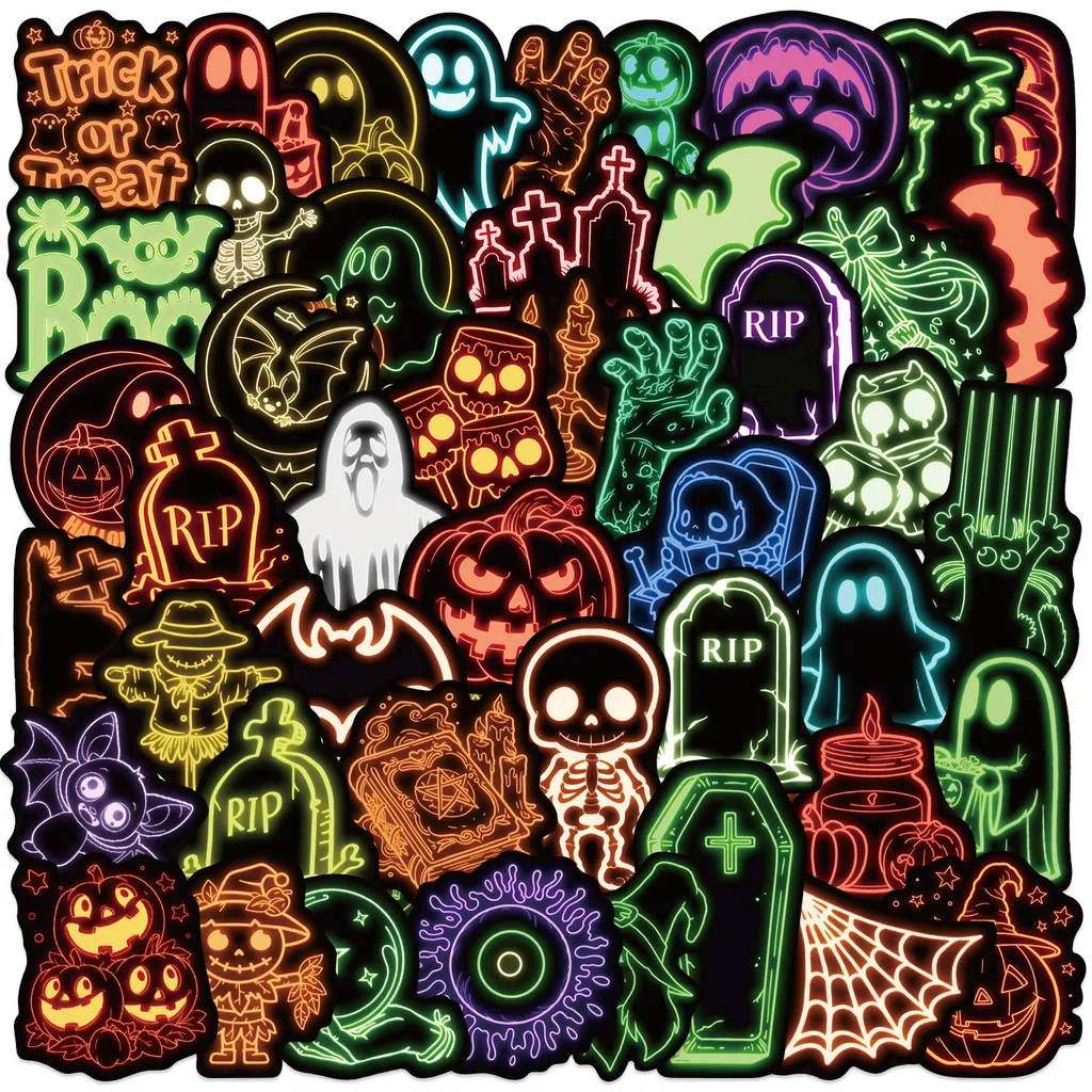 50-Piece Neon Halloween Stickers - Vibrant Decor for Hand Accounts, Luggage & Phone Cases