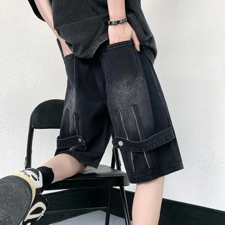 American Retro Street Straight Denim Shorts Y2k E-Girl High Waist Loose Wide Leg Jeans 2024 Summer New Five-point Pants