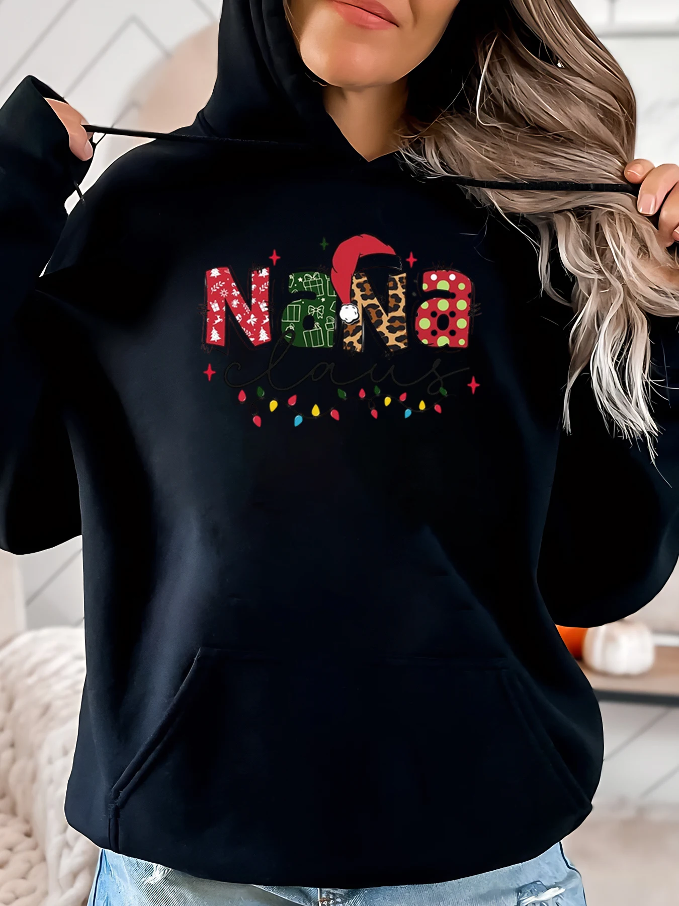 

Рождественская толстовка с принтом Клауса, женская рождественская повседневная одежда, черная, больших размеров