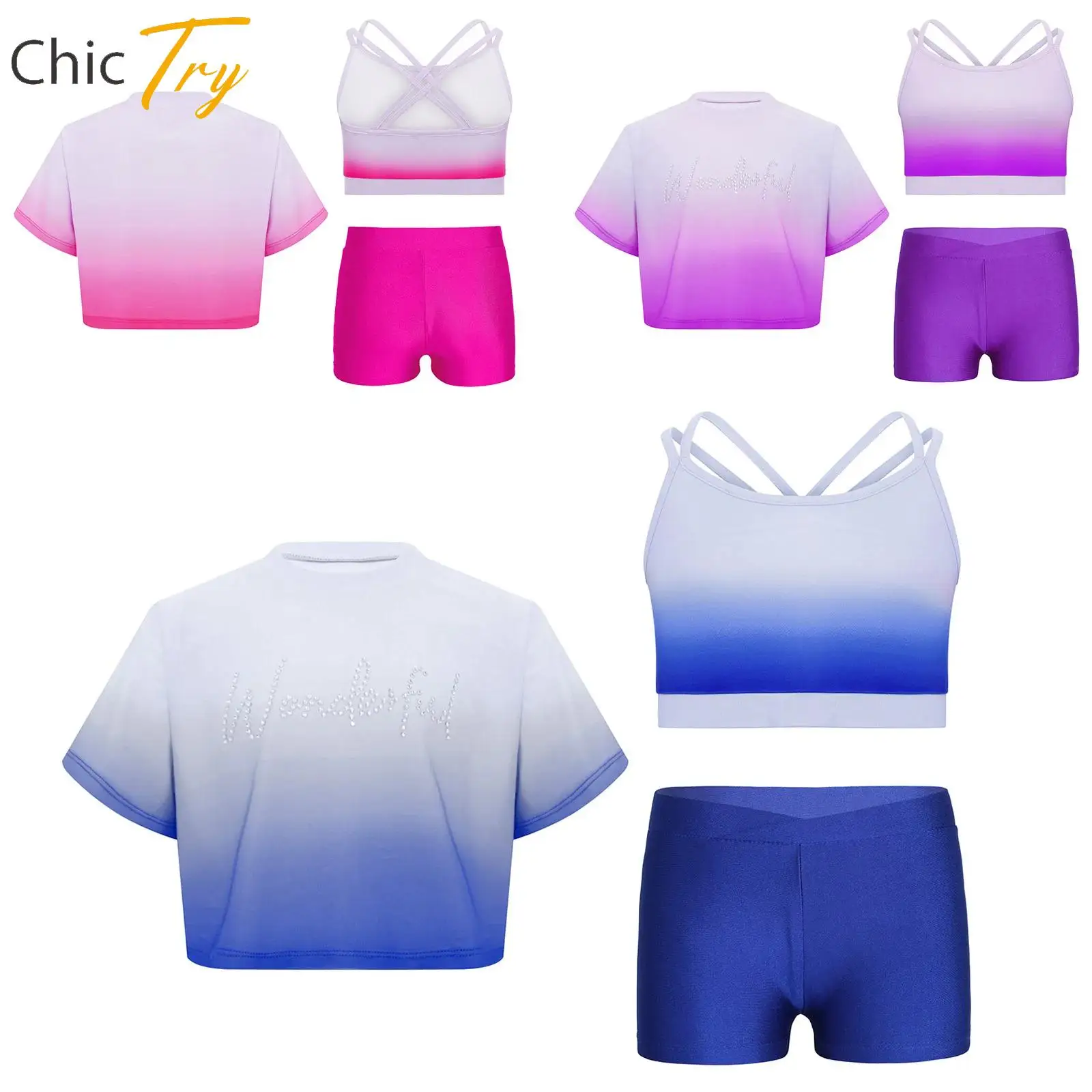 

3 Pcs Kids Girls Gymnastics Dance Sports Outfit Short Sleeve Rhinestones Gradient Color T-shirt with Vest And Shorts Dancewear