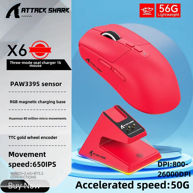 

Attack Shark X6 Magnetic Rgb Charging Base,paw3395 Sensor 26000dpi, Bt/2.4g Wireless/wired,200hrs Battery For Win/mac (red)