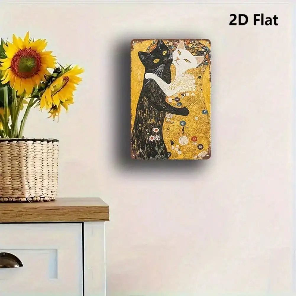 Panneau d'art mural en métal chat noir et blanc Vintage, Plaque en fer rétro 8x12 pouces avec Floral doré