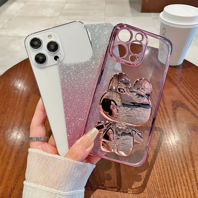 For Redmi Note 7 Luxury Gradient Glitter Makeup Mirror Rabbit Folding Stand Soft Silicone Back Cover Xiaomi Redmi Note 7