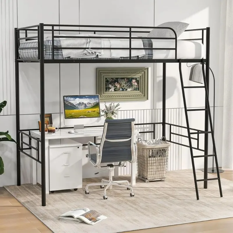 Twin Size Lot Bed, Metal Lot Bed e with Ladder & Saety Guardrail, Space-Saving with Ample Space Underneath, or Teens Junior and