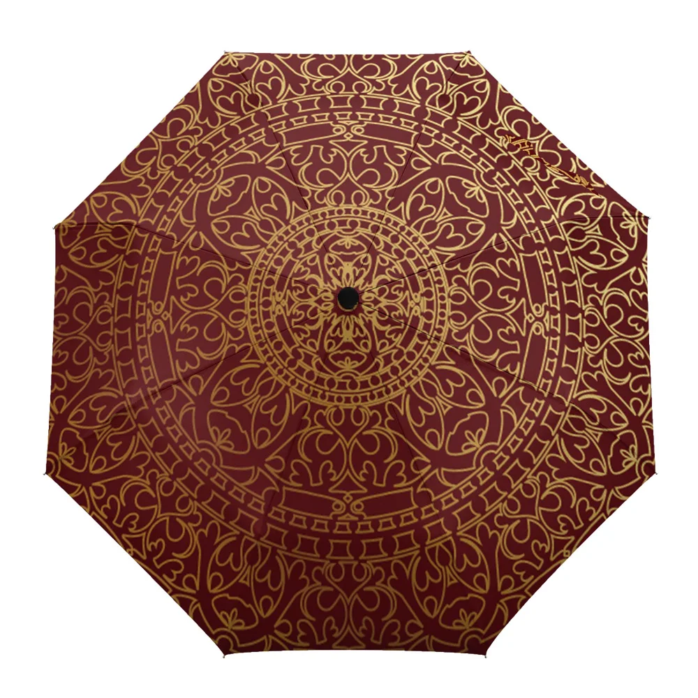 Pattern Golden Oriental Red Fully-automatic Rain Umbrella  Foldable Sun Umbrella for Kids Women Males Eight Strands Umbrella