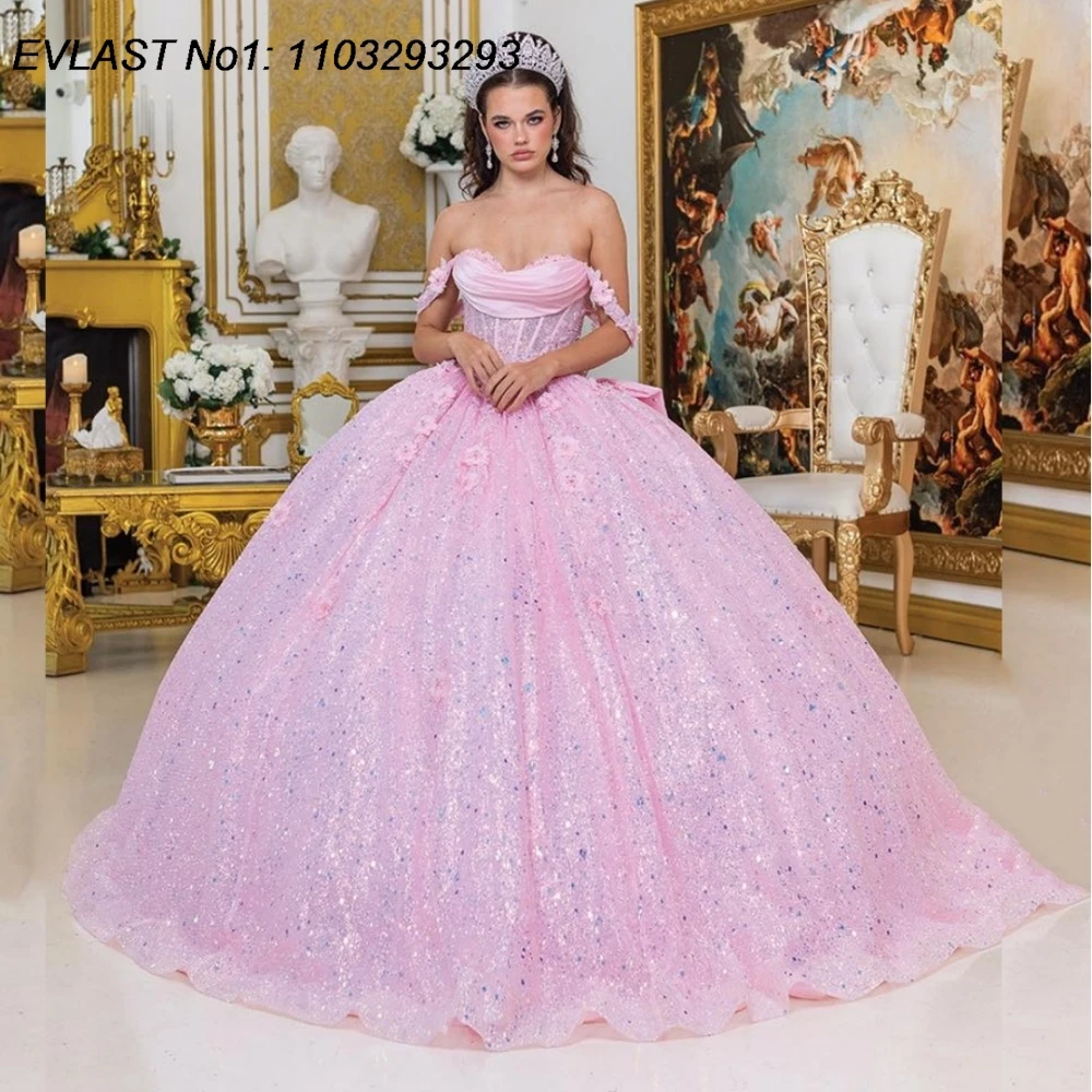 

EVLAST индивидуальное блестящее розовое бальное платье Quinceanera платье с блестящей аппликацией и бисером с бантом корсет Sweet 16, Vestidos De 15 Anos E1Q962