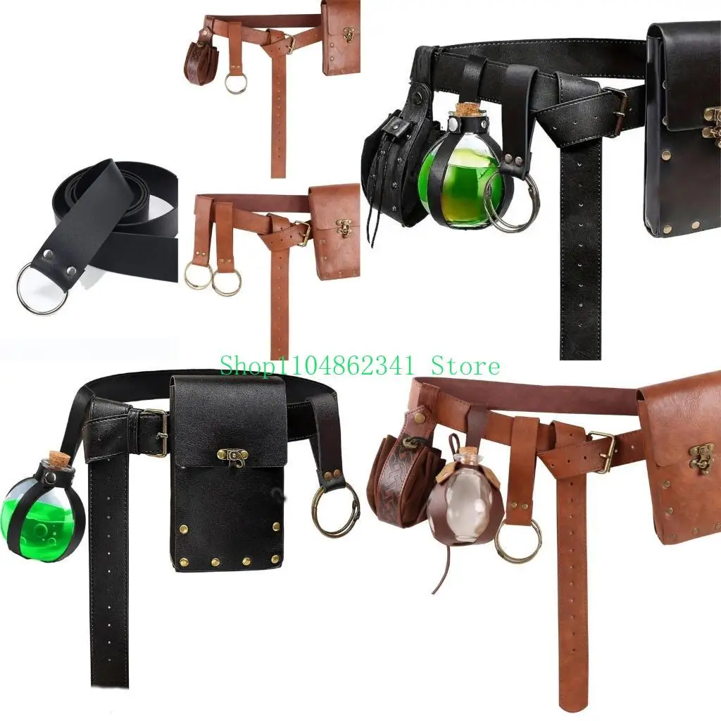 

5asd Halloween Medieval Leather Belt Waist Pouches Potion Bottle Cosplay Accessories