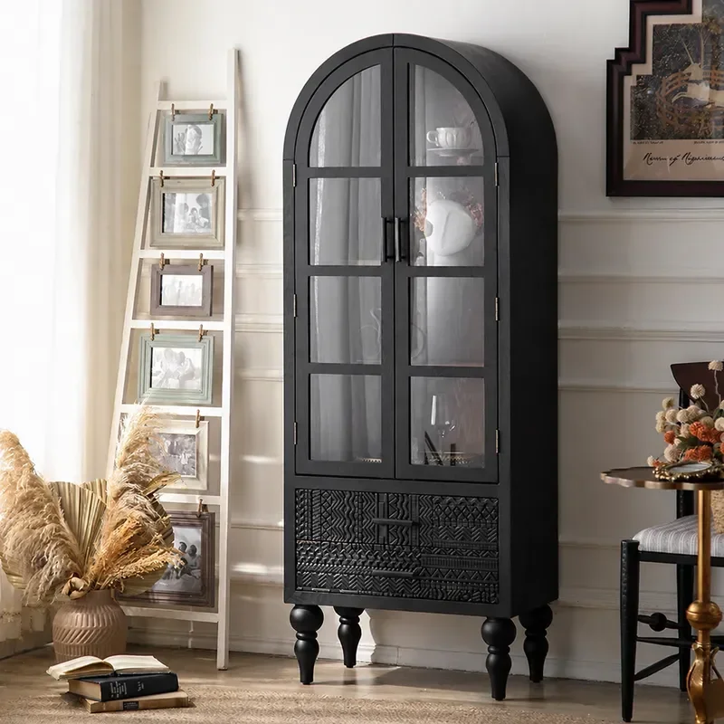 Belgium Black Side Cabinet Ultra Thin Wall Mounted Wine Storage with Glass Door Arched Design for Small Apartment Home Decor