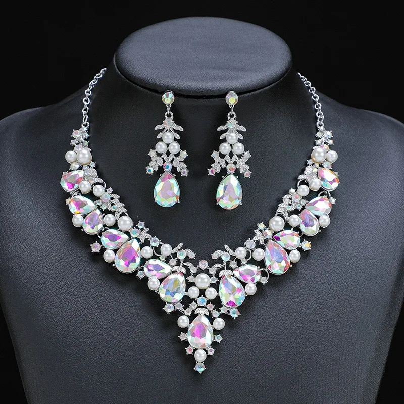 Wedding Jewelry Sets 2024 New Necklace Women's Two-piece Alloy Elegant Bridal Dress Earrings African Female Water Drop Crest