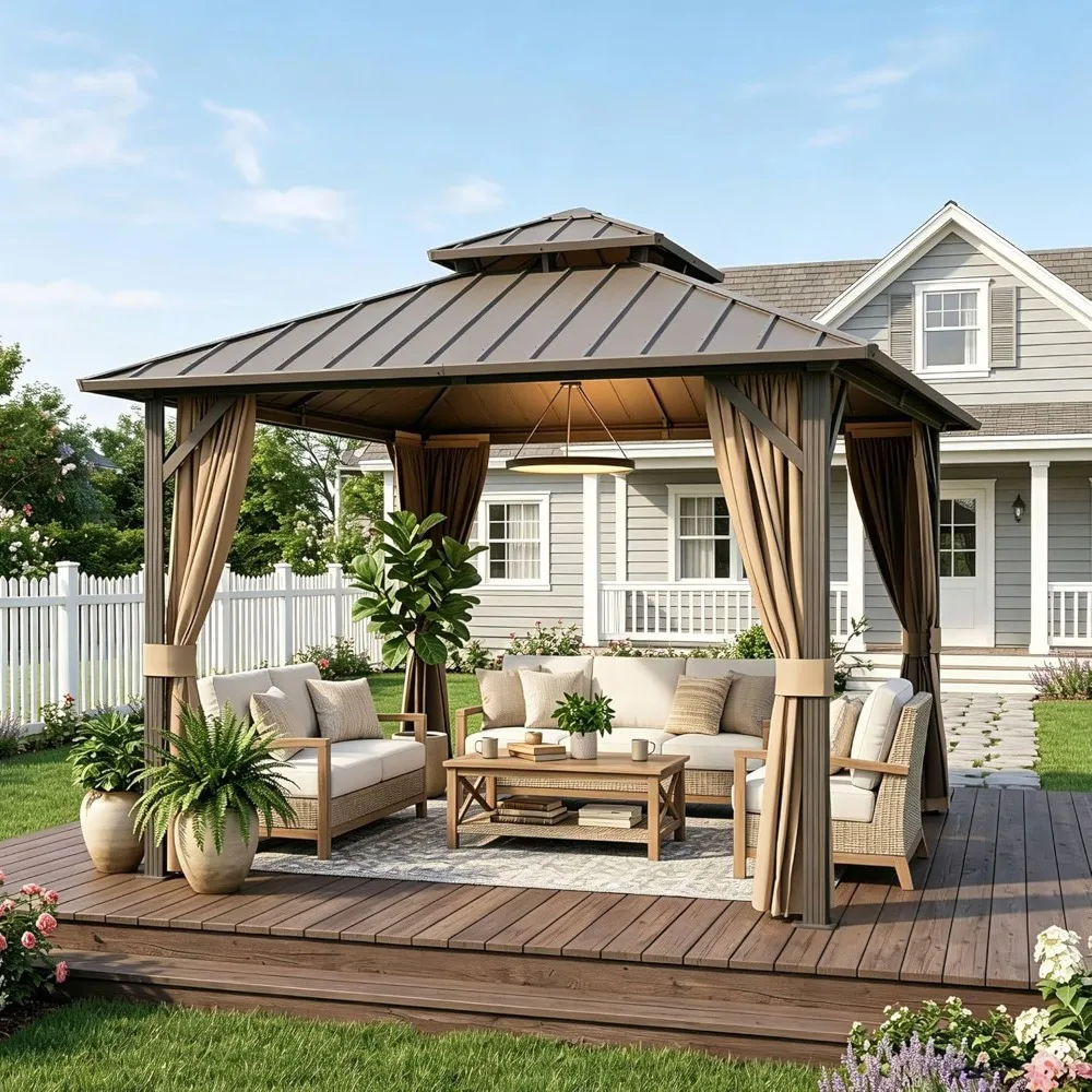 

10x10 ft Hardtop Gazebo Outdoor Aluminum Patio Gazebo Double Roof Galvanized Steel Canopy with Netting and Curtains, Customized