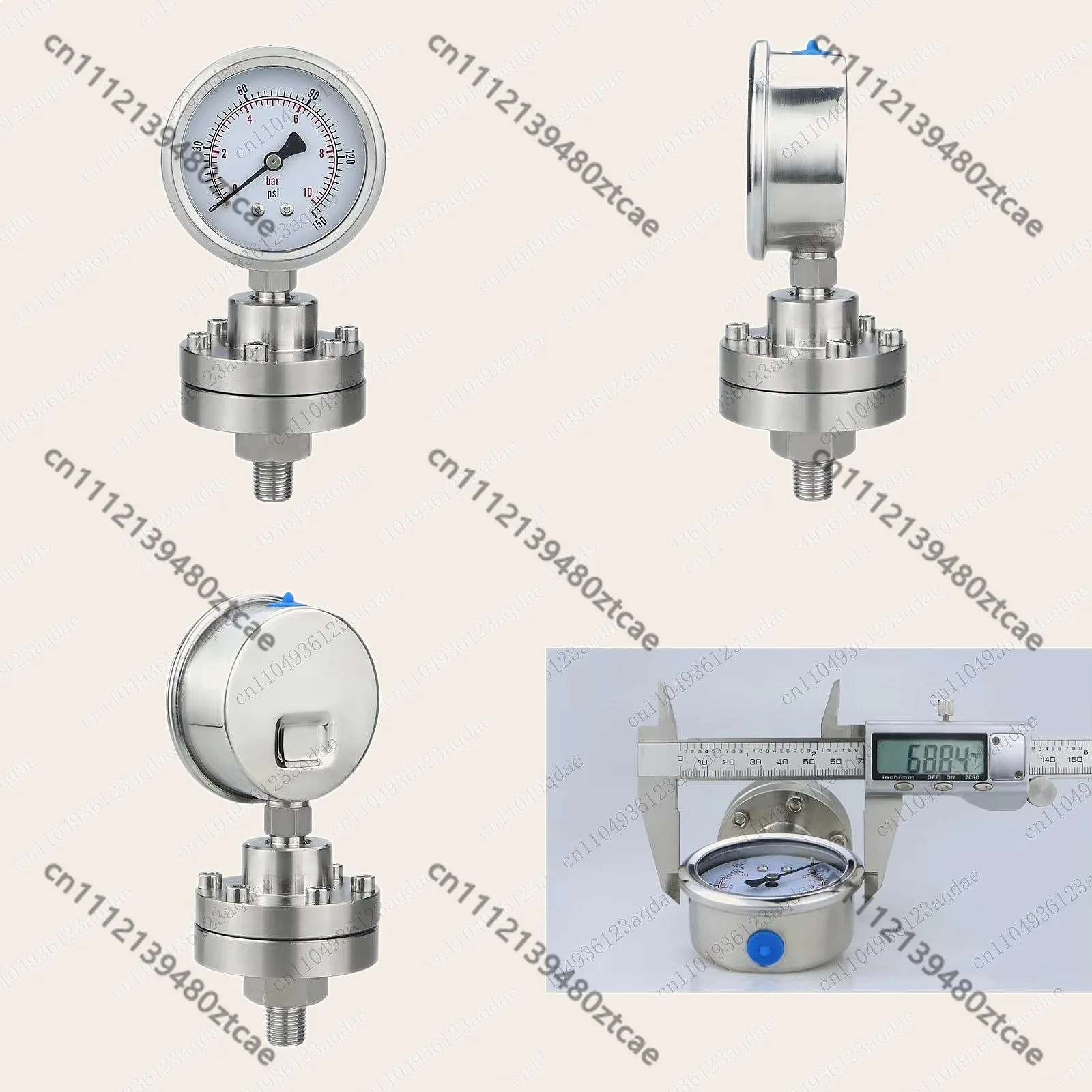 Stainless Steel Hydraulic Pressure Gauge, Threaded Diaphragm Seal, Range 0-10000PSI