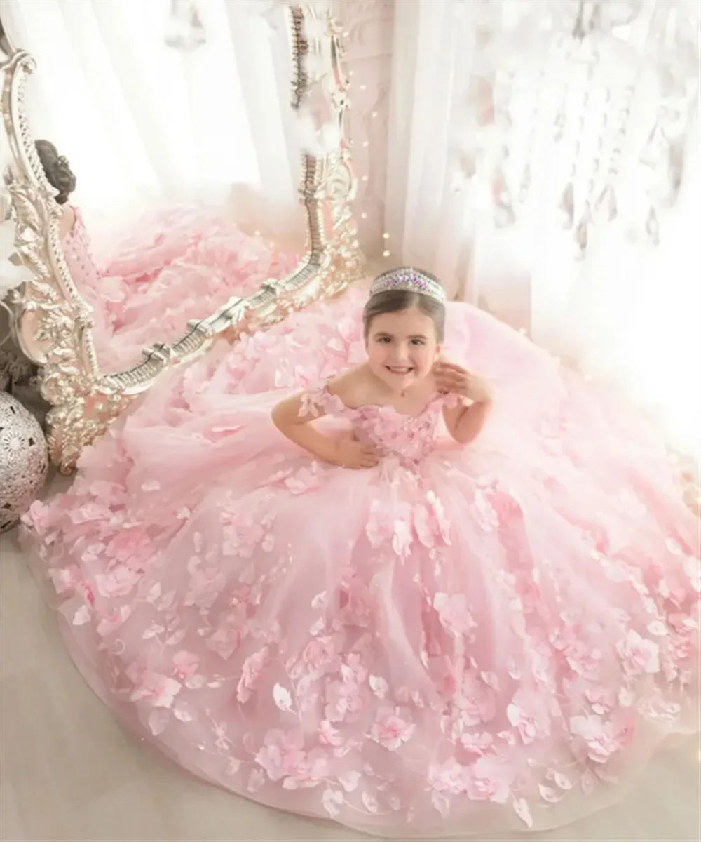 Robe de mariée à fleurs pour filles, avec des Appliques roses personnalisées, épaules dénudées, perles luxueuses, robe de fête d'anniversaire eucharistique pour enfants