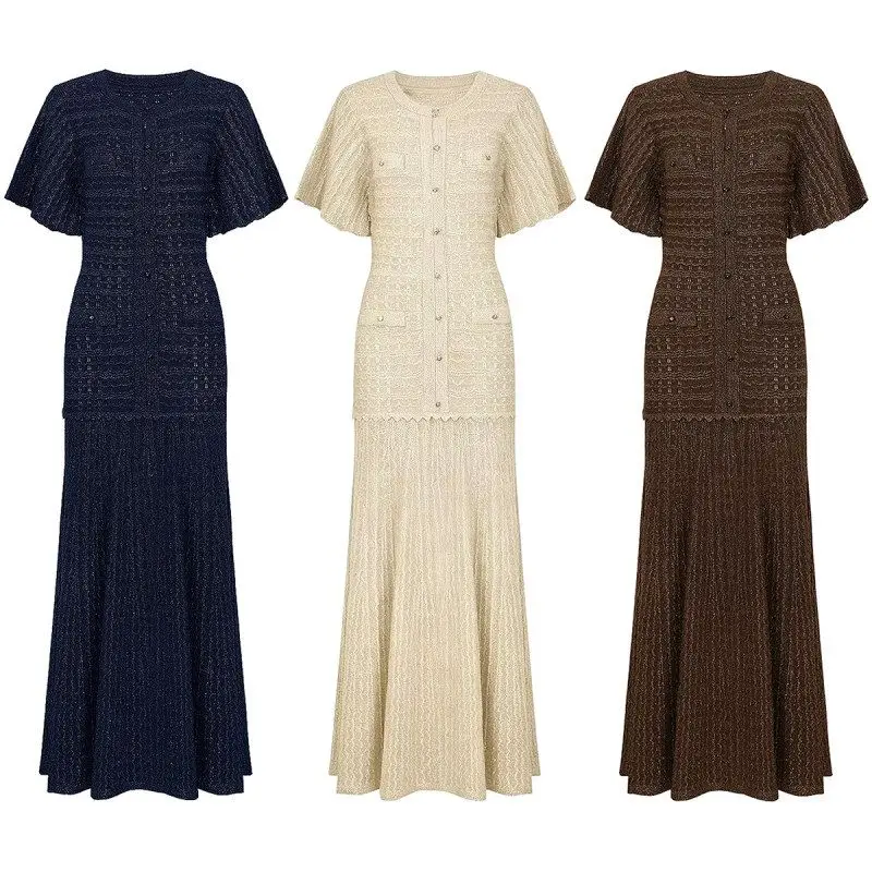 

High-Quality Shiny Thread Slim Fit Short Sleeve round Neck Diamond-Embellished Summer New Style Celebrity Lady Dress