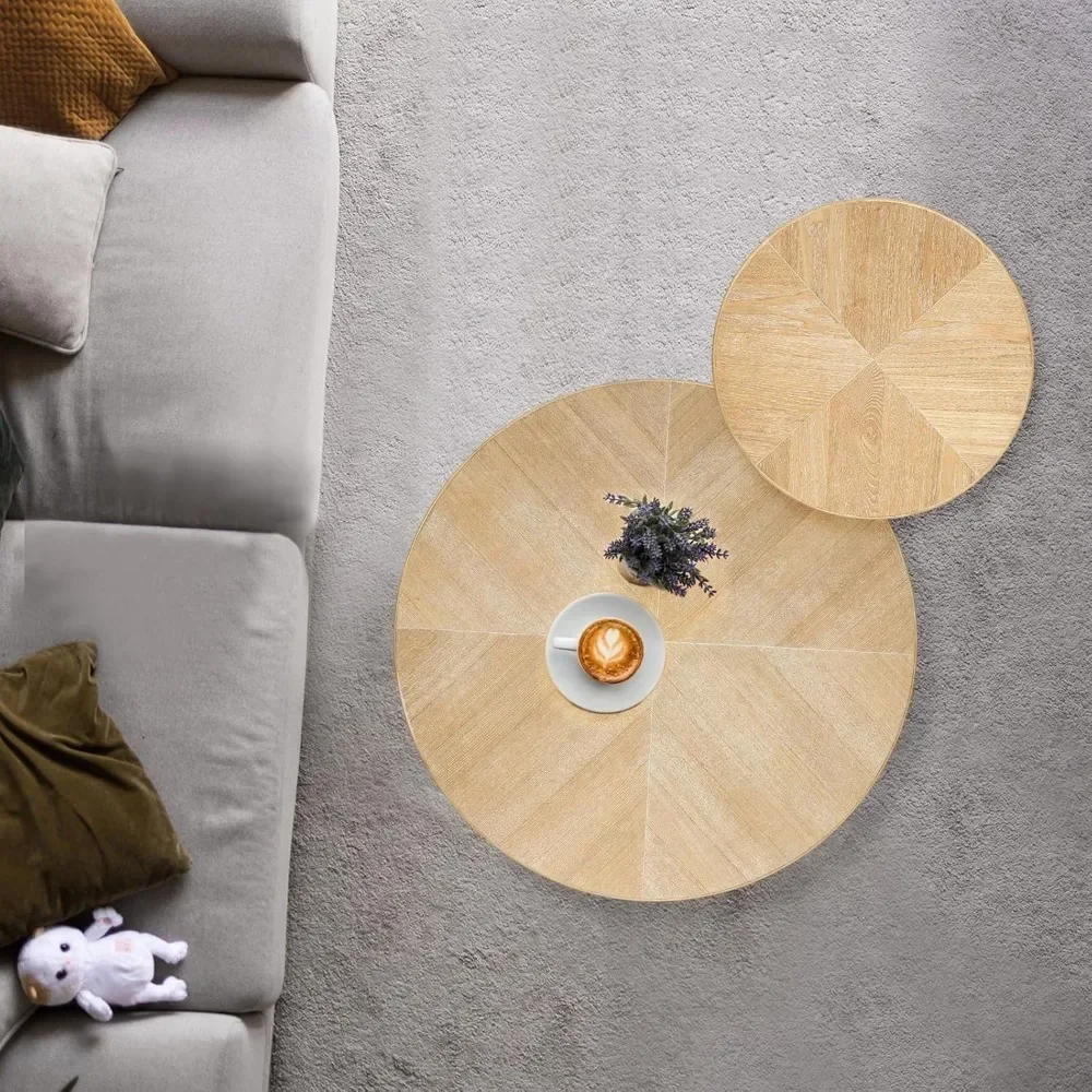 Farmhouse Round Coffee Table 2Pack, Rustic Sofa Side Tea Tables Nesting Center Table Set with Handmade Rattan for Living Room