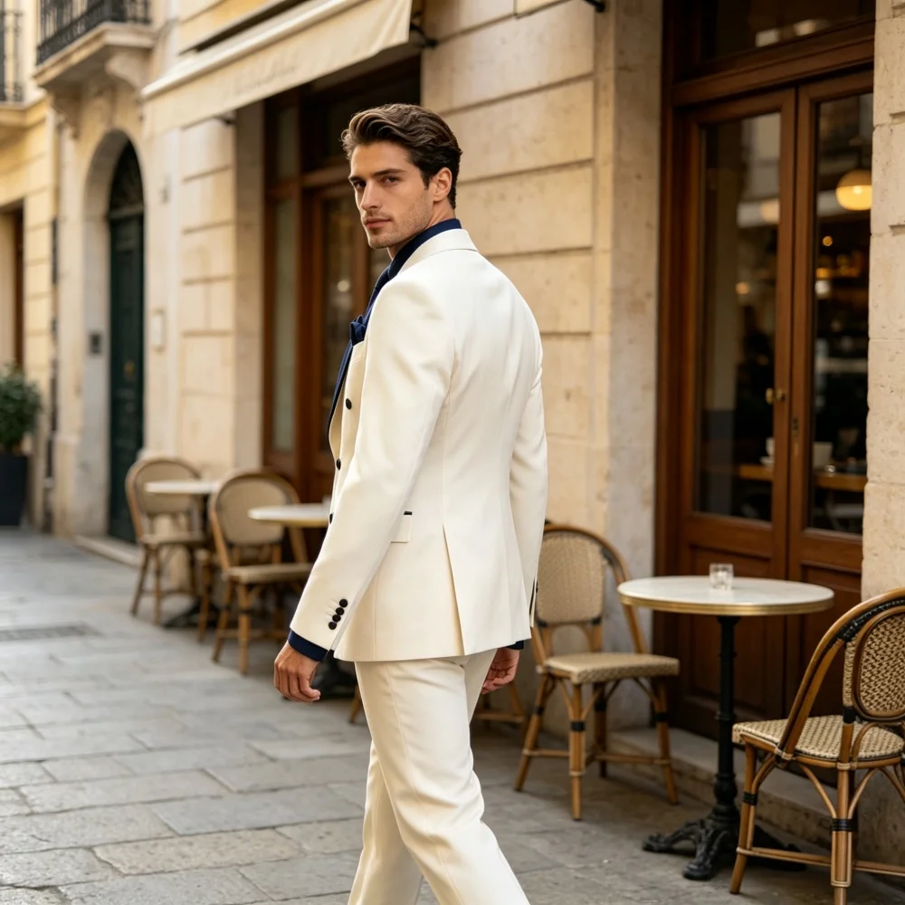 2 Piece Men's Suits Double Breasted Peaked Lapel Contrast Slim Fit Jacket &Pants Formal Party Groom Prom Suit