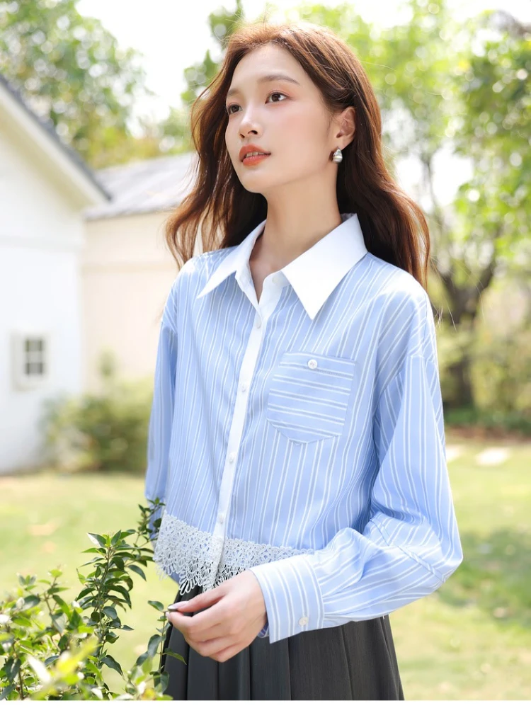 

SENTUBILA Blue Striped Long Sleeve Short Shirt Woman Office Wear Lace Splicing Button Turn-Down Collar Female Blouse 151CH0024