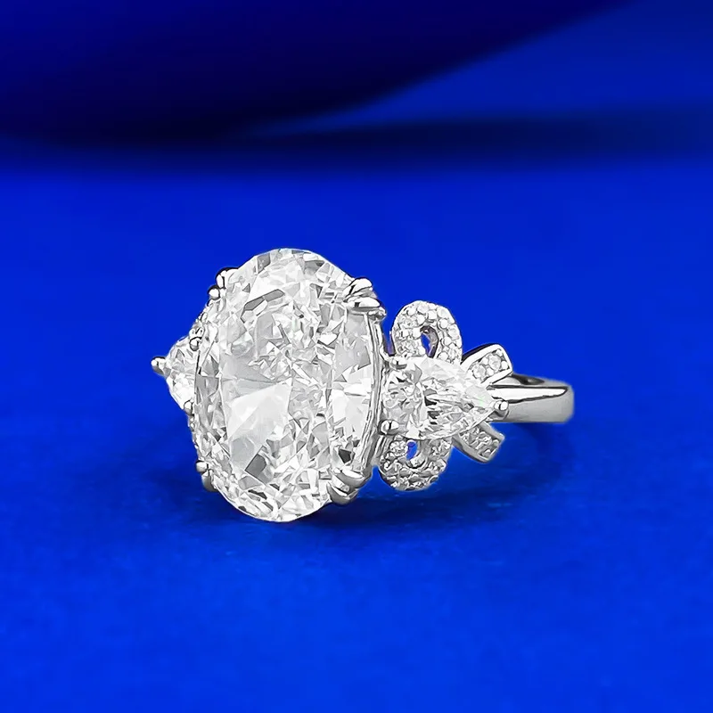 New European and American S925 Silver Imported High Carbon Diamond 9 * 13 Pigeon Egg Bow Ring Ring Wedding Jewelry