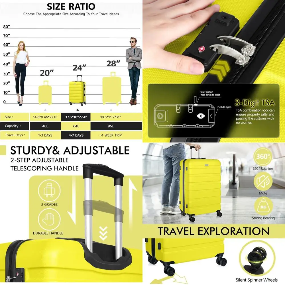 24 Inch Medium Yellow ABS Lightweight Hardside Suitcase with 4 Wheels and TSA Lock