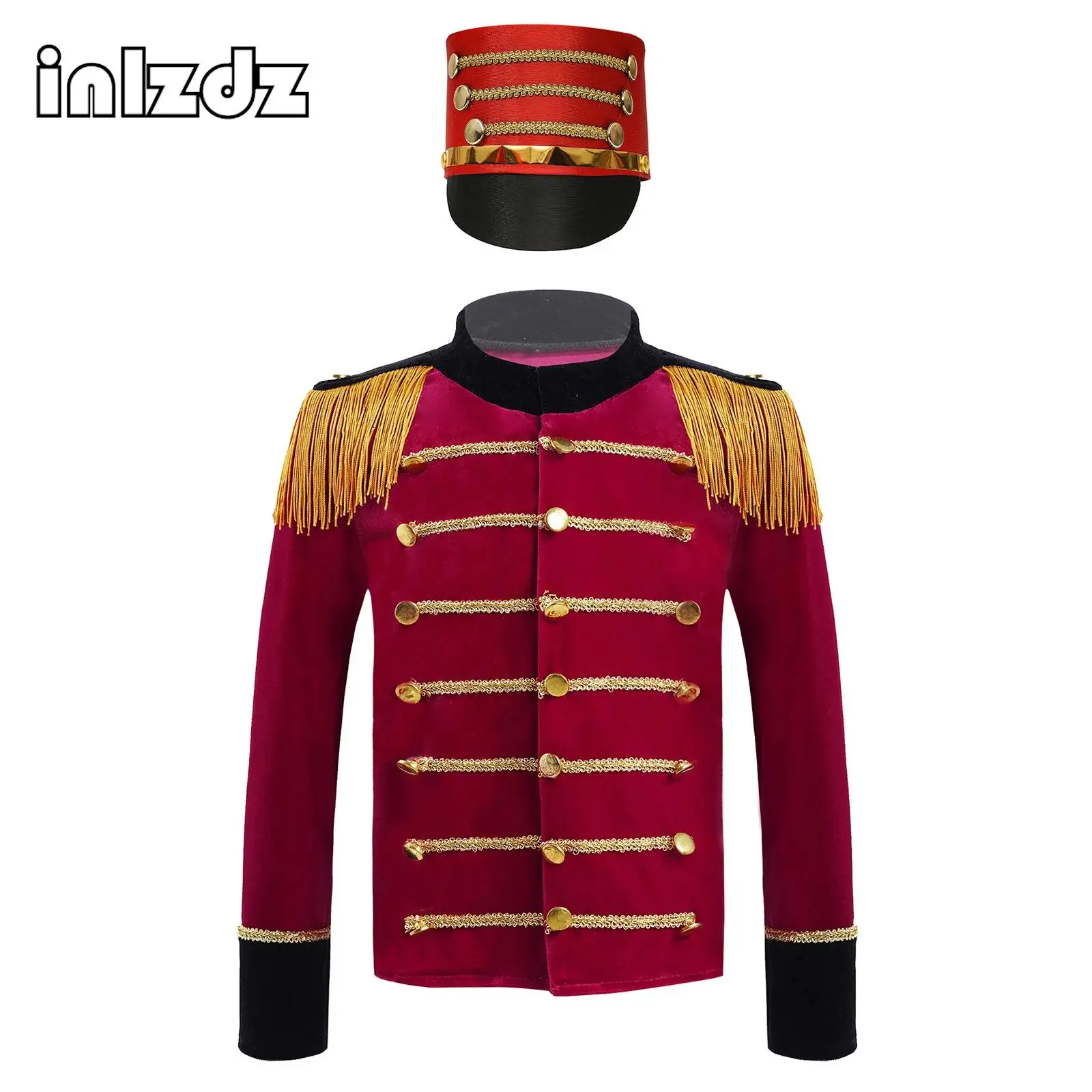 

Boys Girls Marching Band Suit Drum Trumpet Costume Royal Honor Guard Uniform Tassel Ringmaster Jacket with Band Major Hat Set