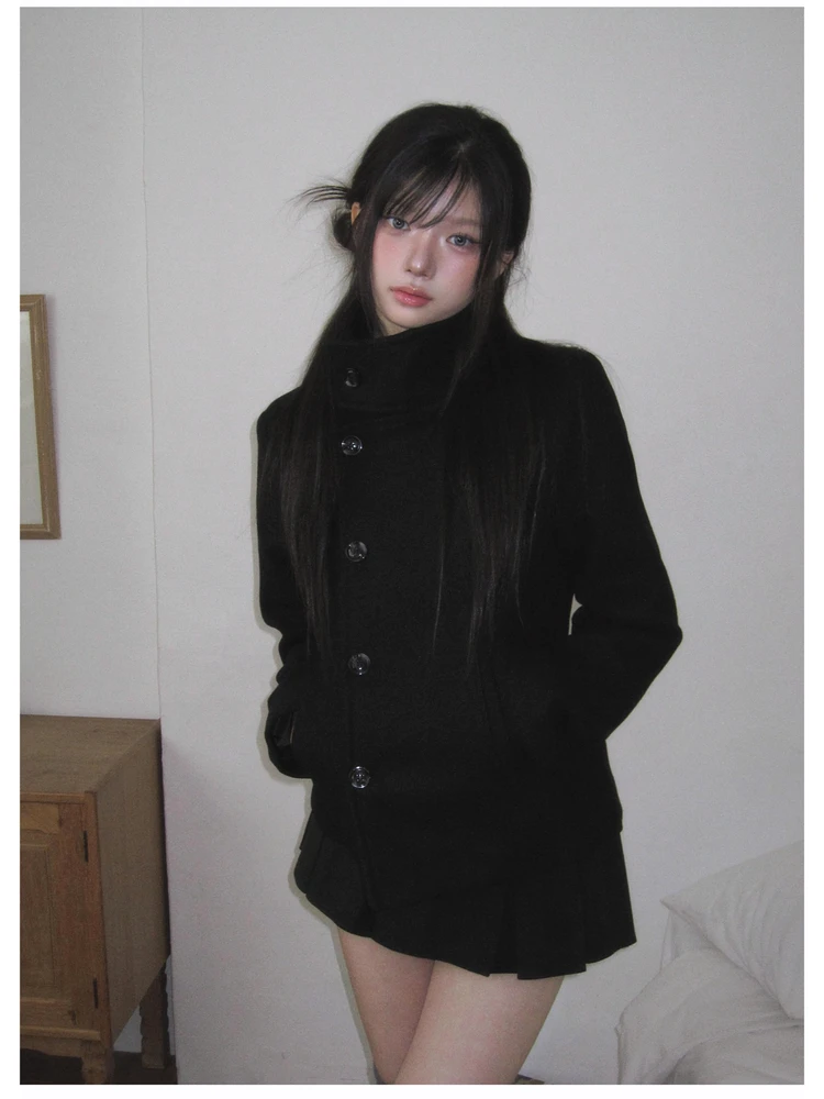 Women's Short Woolen Jacket Black Faux Woolen Coat Autumn Winter Warm Slimming Stand Collar Button up Thickened Ladies Coat