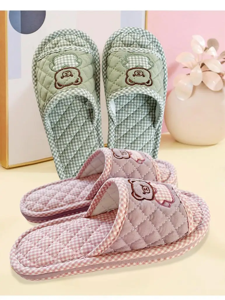 شباشب منزلية صامتة من القطن بقاعدة سميكة ثلاثية الطبقات للأزواج، مناسبة لجميع المواسم والربيع #4