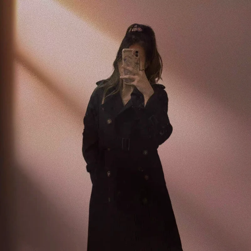 2025 feminino outono e inverno novo emendado gola meio aberta botão bolso moda solta jaqueta corta-vento de comprimento médio