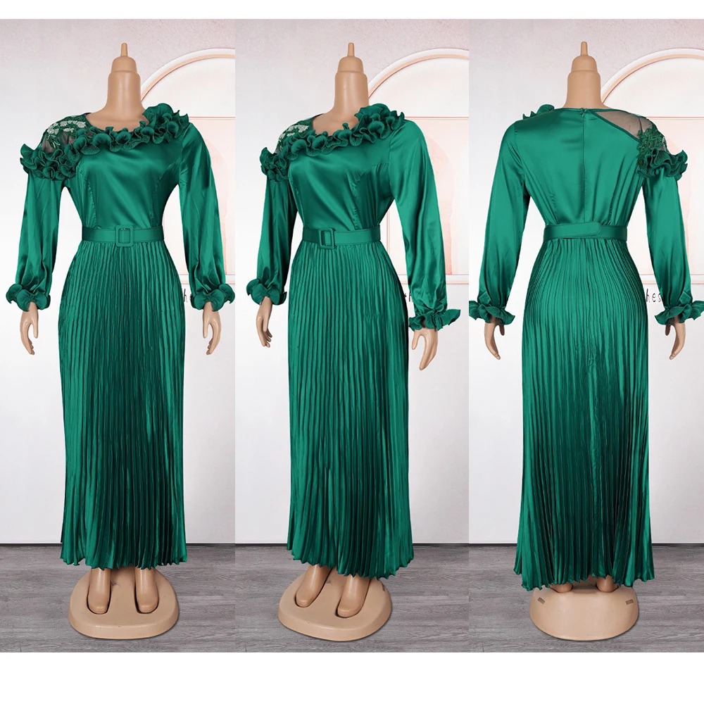 

Elegant African Evening Dresses for Women Flower Pleated Wedding Party Gown Ankara Dashiki Africa Clothing Kaftan Robe Outfits