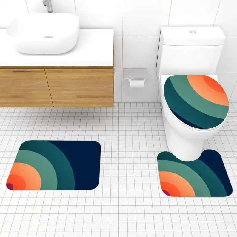 

3PCS Retro 70s Bath Mat Set, Vibrant Vintage Print Non-Slip Microfiber Shower Rug with U-Shape Toilet Cover Decor