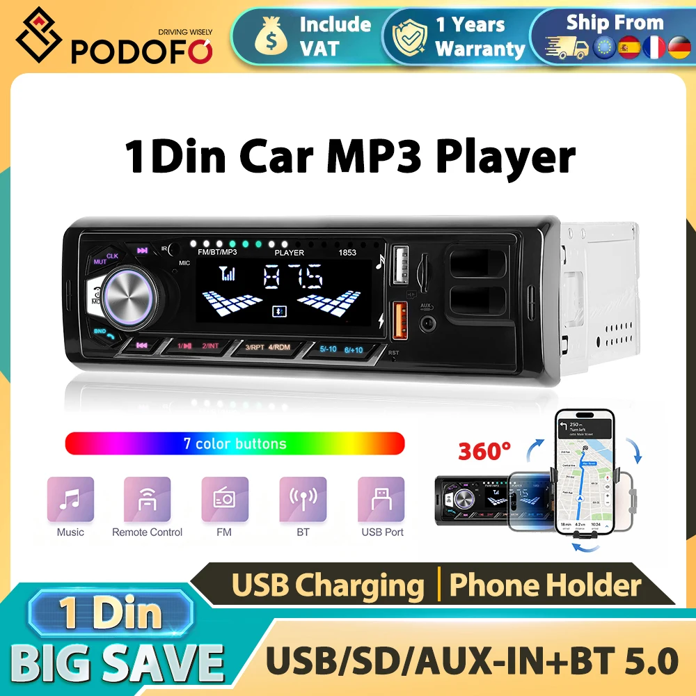 Podofo 1Din Samochodowy Odtwarzacz MP3 AUX Uniwersalny Odtwarzacz Multimedialny Radio Samochodowe FM Bluetooth Wideo Ładowanie USB Pilot FM Audio Samochodowe Kolorowe Podświetlenie Uchwyt na Telefon