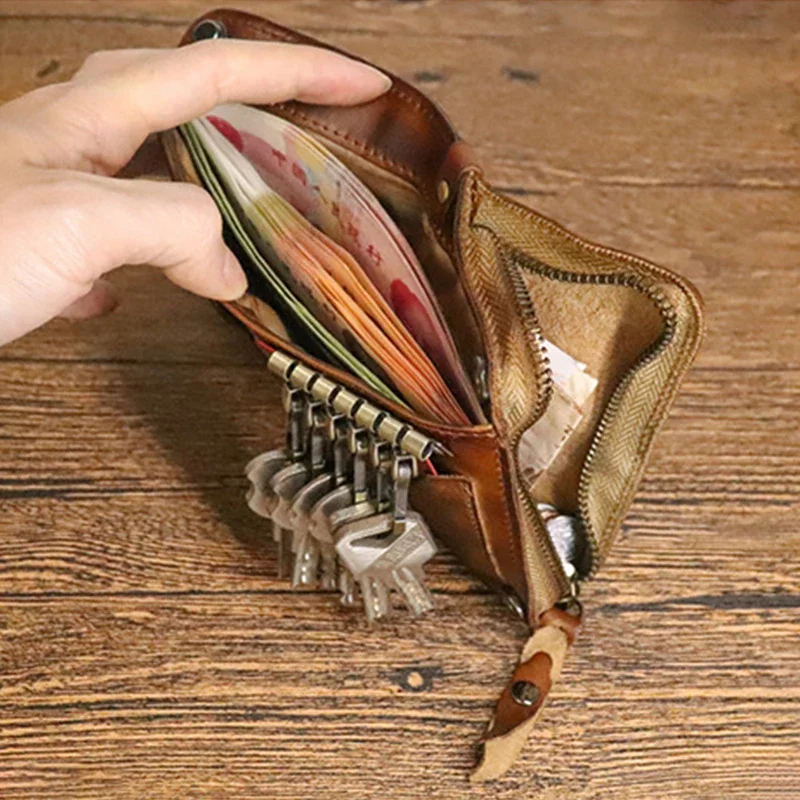 

New Genuine Leather Men's Wallet Vintage Cowhide Card Holder with Zipper Coin Pocket Large Capacity Short Bifold Male Keys Purse
